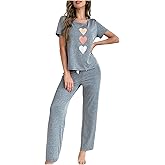 SOLY HUX Women's 2 Piece Pajama Set Heart Print Short Sleeve T Shirt and Shorts Pjs Sleepwear