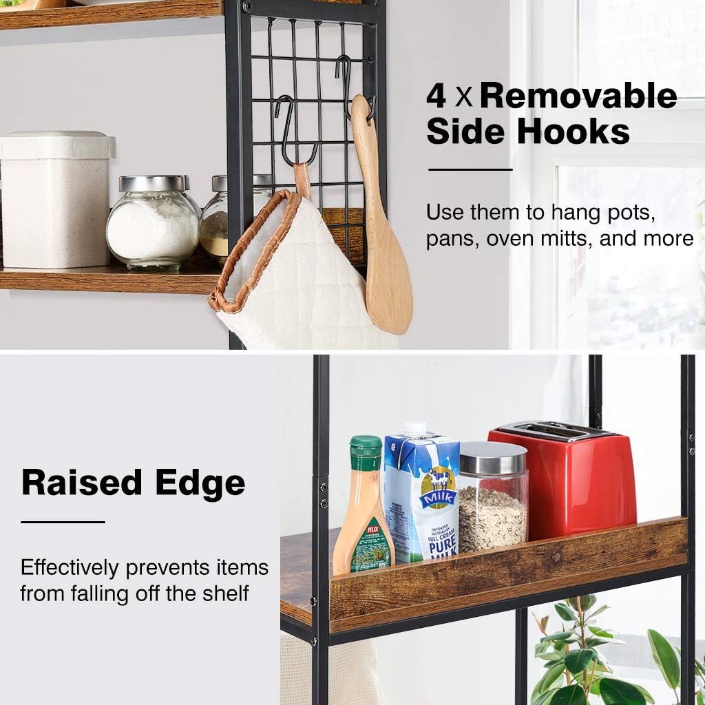 LANGRIA 5-Tier Baker’s Rack Industrial Microwave Oven Stand with Mesh Panels, 5 Shelves, 4 S-Hooks, for Spice Rack Organizer Workstation, Kitchen Utility Cart Storage Shelf Organizer, Rustic Brown - Standing Baker's Racks