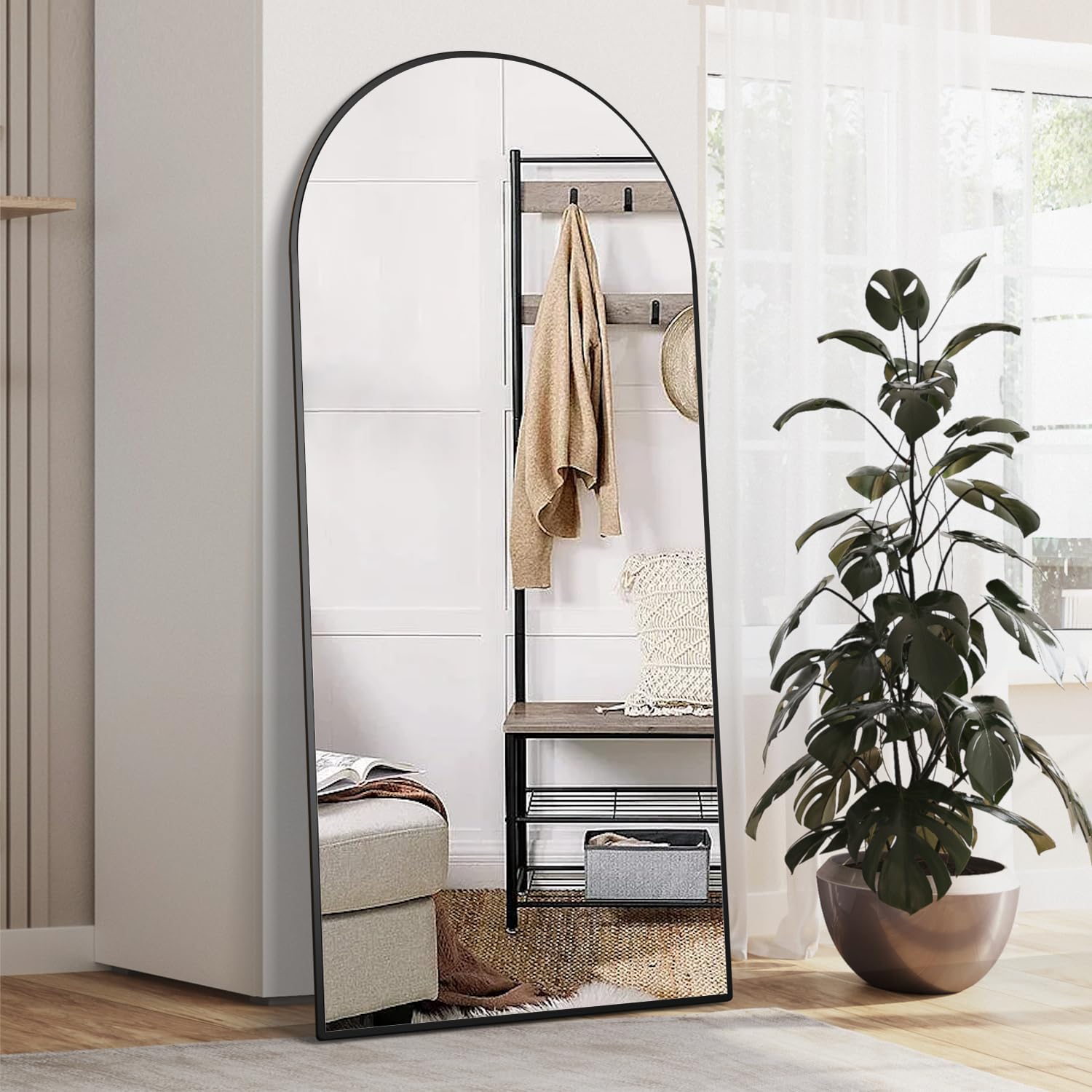 Miroir de Sol Arqué de 165 x 60 cm Miroir Pleine Longueur avec Support, Noir Grand Miroir Mural à Suspendre ou à Poser Contre Le Mur pour Chambre à Coucher, Entrée, Salon