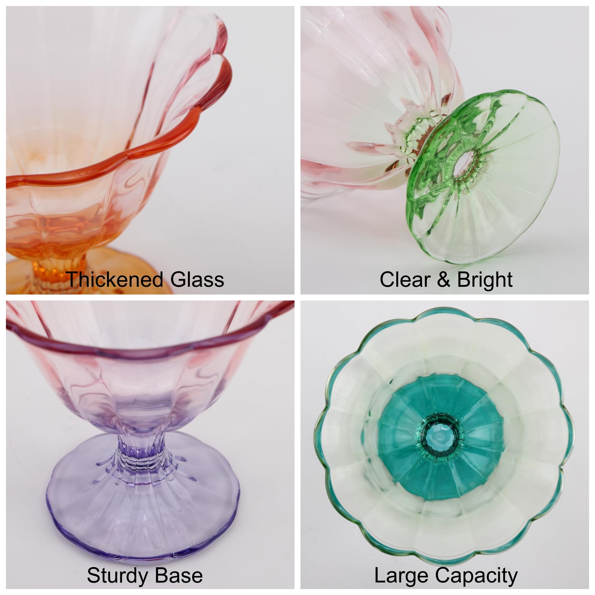 Glass Dessert Bowls 10 Oz Set of 4 Ice Cream Cups Footed Bowl Assorted Colors Clear Drinking Cup for Sundae, Dessert, Candy, Fruit, Ice Cream, Snack Pudding