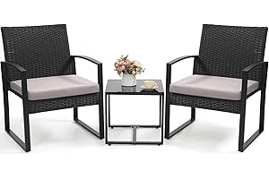 Murago 3 Piece Wicker Patio Bistro Set, Rattan Conversation Set with Coffee Table, for Balcony, Porch, Garden, Yard, Poolside, Black Frame with Grey Cushion