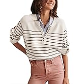 Hongsui Women's Color Block Striped Sweaters Button Up Crewneck Pullover Ribbed Knit Sweater Tops