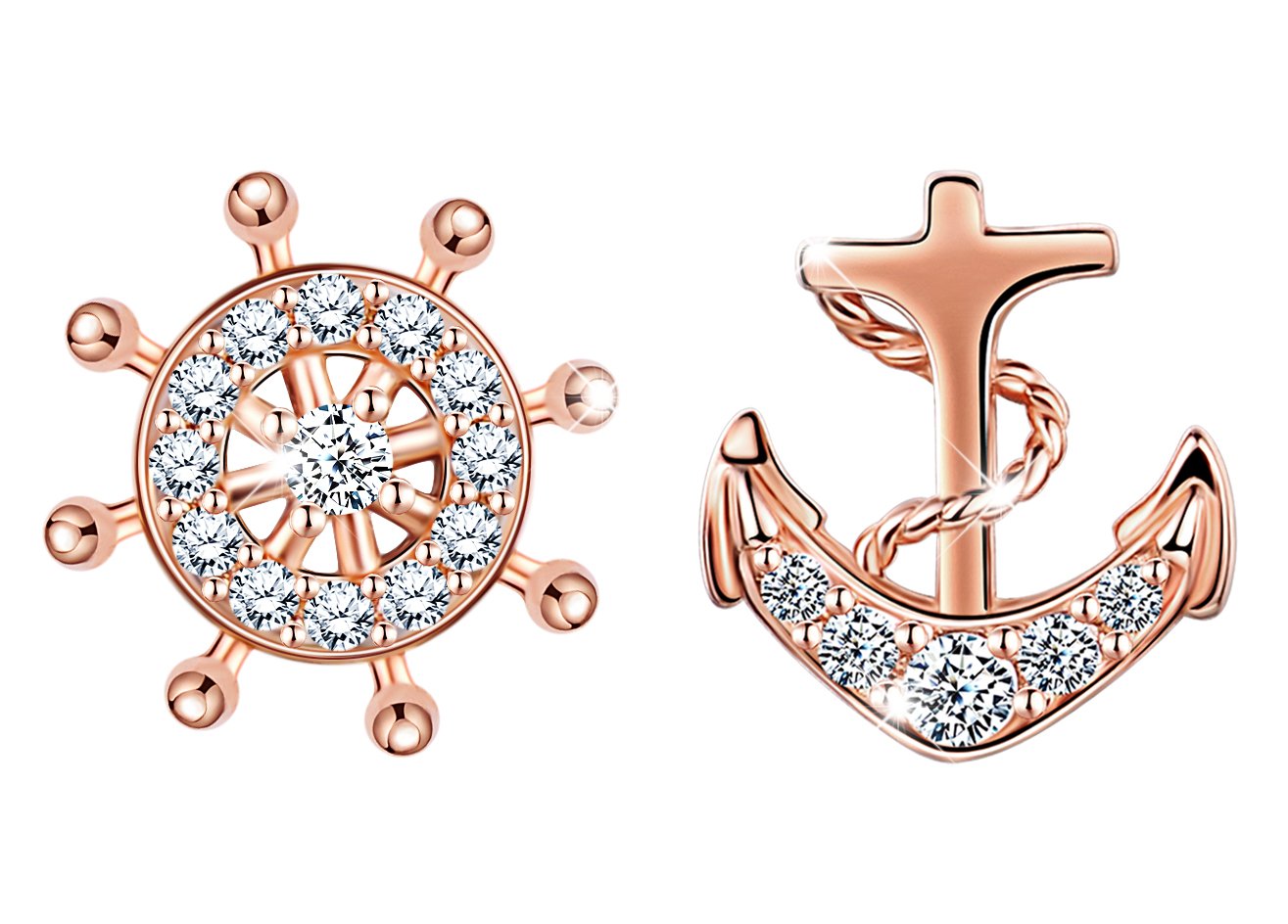 Infinite U Girls Earrings 925 Sterling Silver Cubic Zirconia Rose Gold Plated Anchor Rudder Stud Earing for Women