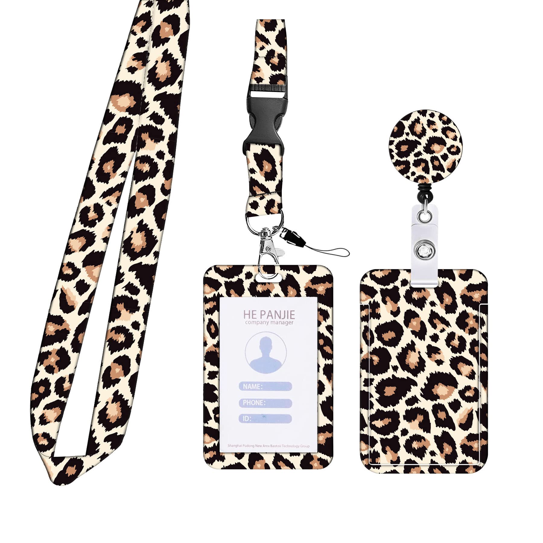 JKDHJK Plastic Card Holder With Cute Retractable Lanyard - ID Badge Holder for Women, White Collar, Nurse, Doctor, Teacher (Leopard Print)
