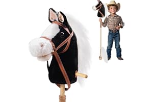 PLYFOU Plush Stick Horse with Wood Wheels Real Pony Neighing and Galloping Sounds Plush Toy, Stick Pony Provides Fun Pretend Play for Toddlers & Preschoolers (AA Batteries Required)