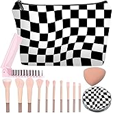 JIEXAGEZOS Personalized Black Checkered Makeup Bag set with Mirror for Women,Black Checkerboard travel Cosmetic bag kit with10 pieces pink brush set,Checkered Gifts for Girls Mom femal Friends