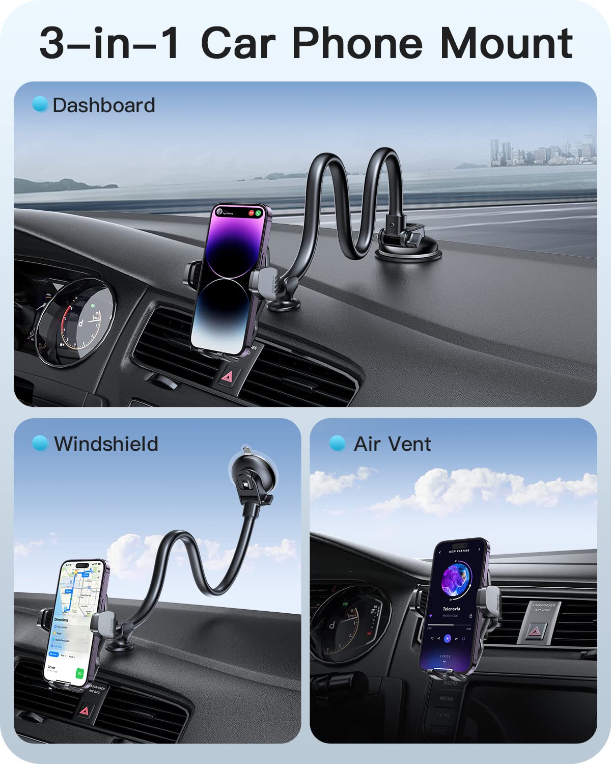 APPS2Car Phone Holder for Car Windshield/Dashboard/Window, Cell Phone Mount for Car Truck, Compatible with iPhone, Samsung, Google, LG and More