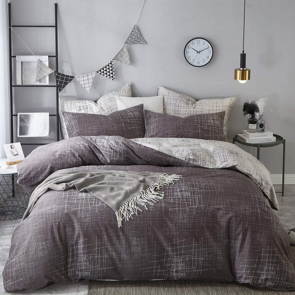 HIGHBUY Cotton Kids Bedding Sets Queen Geoemtric Stripe Duvet Cover Set for Boys Men Reversible Modern Stripe Pattern Comforter Cover with Zipper Closure,3 Piece Cotton Full Duvet Cover