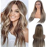 Ombre Blonde Lace Front Wigs Brown Balayge Human Hair 18 Inch 13x4 Lace Front Wigs for Women Pre Plucked with Baby Hair Glueless 150% Density Chestnut Brown with Ash Blonde Highlight Virgin Hair Wigs