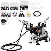 VEVOR Airbrush Kit, 1/6 HP, Air Brush Kit with Air Compressor, 3 Dual-Action Professional Airbrushes with 3 Tips, Hose, Acrylic Paint, Brush, Low Noise, for Cake Decorating, Model Painting, Nail Art