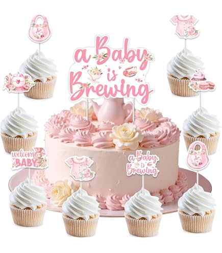 Tea Party Baby Shower Decorations Kit - Pink Floral 'A Baby Is Brewing' Backdrop, Banner & Cupcake Toppers