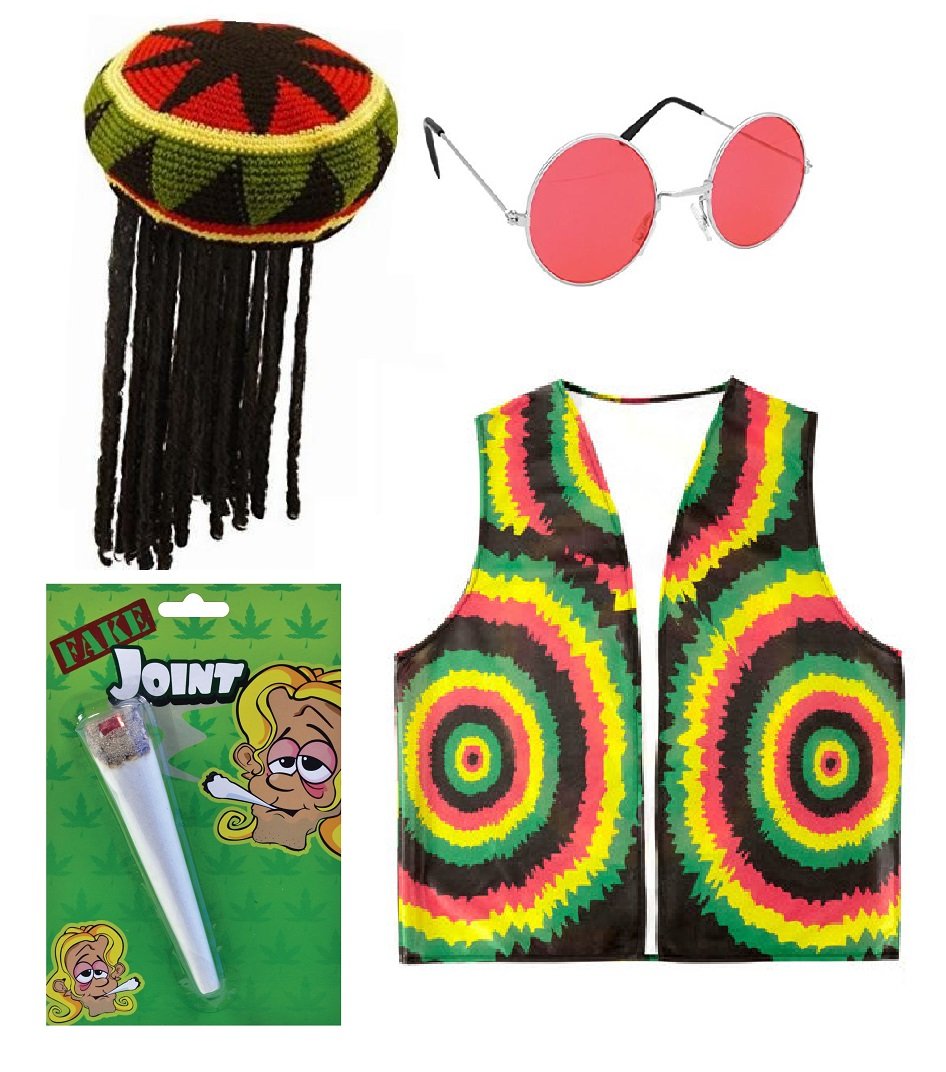 Mega_Jumble® Unisex Reggae Rasta Jamaican Hat w/Wig, Fake Spliff, Glasses & Vest - Caribbean RASTA RAGGAE JAMAICAN BOB MARLEY Adult Fancy Dress