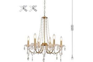MEIJIA Plug in Crystal Gold Chandeliers Lighting Fixture 6 Light Modern Crystal Chandelier with 15.75feets Plug in Cord Gold Mini Plug in Chandelier for Dining Room Bedroom Entryway Bathroom Closet