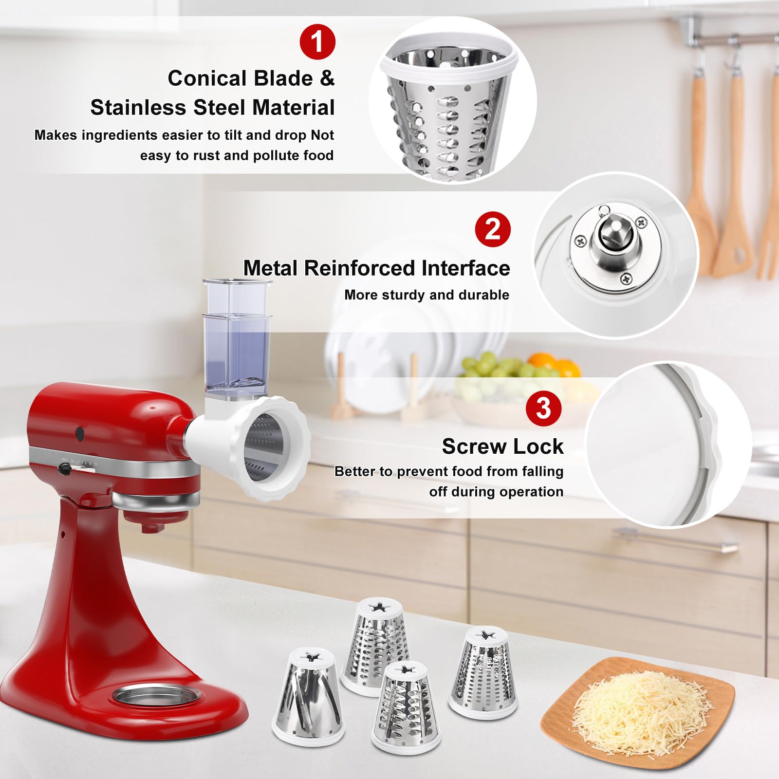 Upgraded Version - Cheese Grater Slicer Shredder Attachments for All KitchenAid Stand Mixers, Food Slicers Salad Maker Accessory Vegetable Chopper with 4 Blades Dishwasher Safe