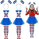 AIHSUMC 10 Pcs Halloween Tulle Tutu Costume Set Include Striped Socks Stretchy Gloves Cyan Ponytail Headband Heart-Shaped Glasses (Blue)