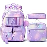 Fimibuke Kids Backpack for School Girls, 3Pcs Waterproof Girls Backpack with Lunch Box & Pencil Pouch - Lightweight Bookbag for Elementary Middle School Student Teens Ages 6+ Purple