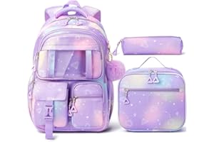 Fimibuke Kids Backpack for School Girls, 3Pcs Waterproof Girls Backpack with Lunch Box & Pencil Pouch - Lightweight Bookbag for Elementary Middle School Student Teens Ages 6+ Purple