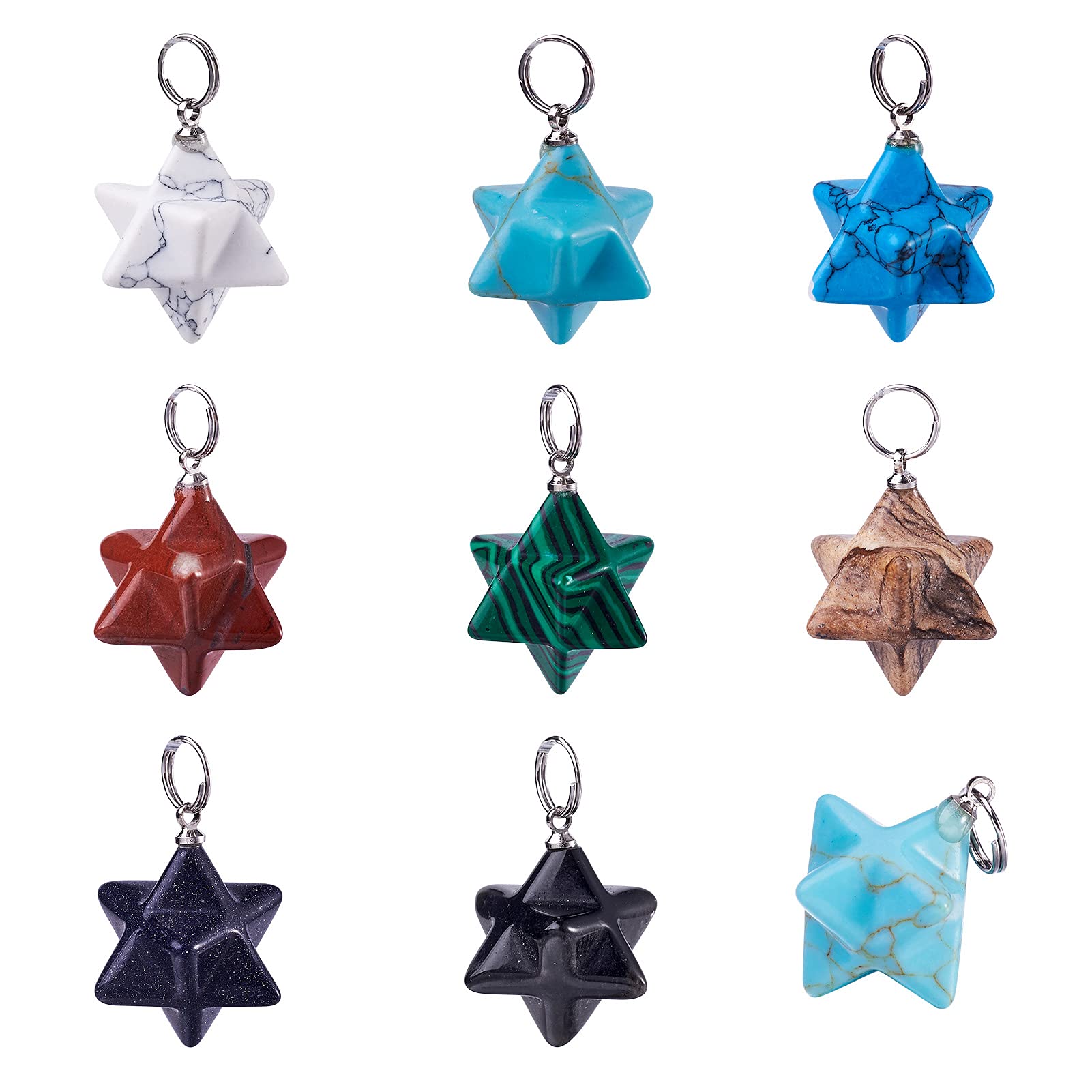 PandaHall 10pcs Merkaba Star Stone Pendants Healing Chakra Gemstone Charms Pendants for DIY Necklace Jewelry Making, Random Mixed Color