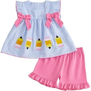 Fabuyau Kids Toddler Little Girls Back to School Outfit First Day of School Pencil Embroidery Ruffle Top and Shorts Set