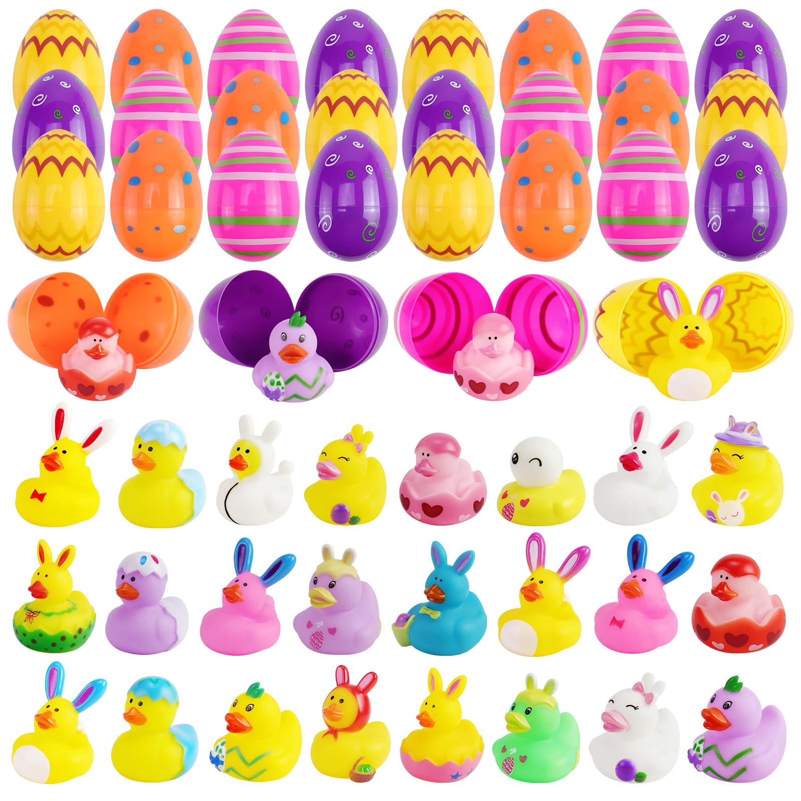 ZIZICG 24pcs Prefilled Easter Eggs with Toys, Printed Plastic Easter Eggs with Rubber Ducks Bunny Ear Rabbit Eggshell Rubber Duckies, Easter Basket Stuffers Egg Hunt Gifts for Kids