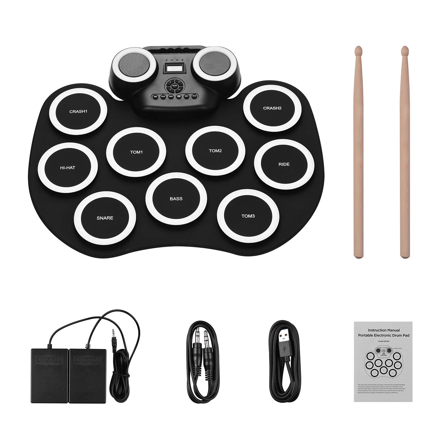 Sunydog Electronic Drum Set,Roll-up Electronic Drum Pad with Build-in Stereo Speakers,9 Pads Silicone Electronic Drum for Beginner,Foot Pedals Headphone Monitoring Colorful Light(Type 2)