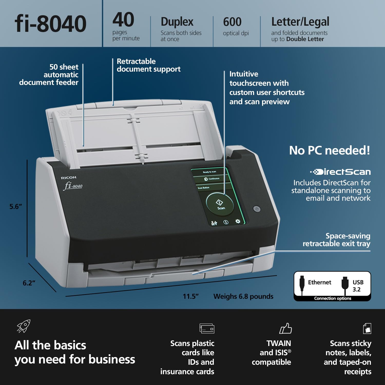 RICOH fi-8040 Fast Front Office & Desktop Document, Receipt, ID Card Scanner with 50 Page Auto Feeder and PC-Less DirectScan Capability