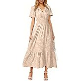 Simplee Womens Summer Boho Maxi Dress Semi Formal Wedding Guest Short Sleeve V Neck Empire Waist Floral Long Dresses