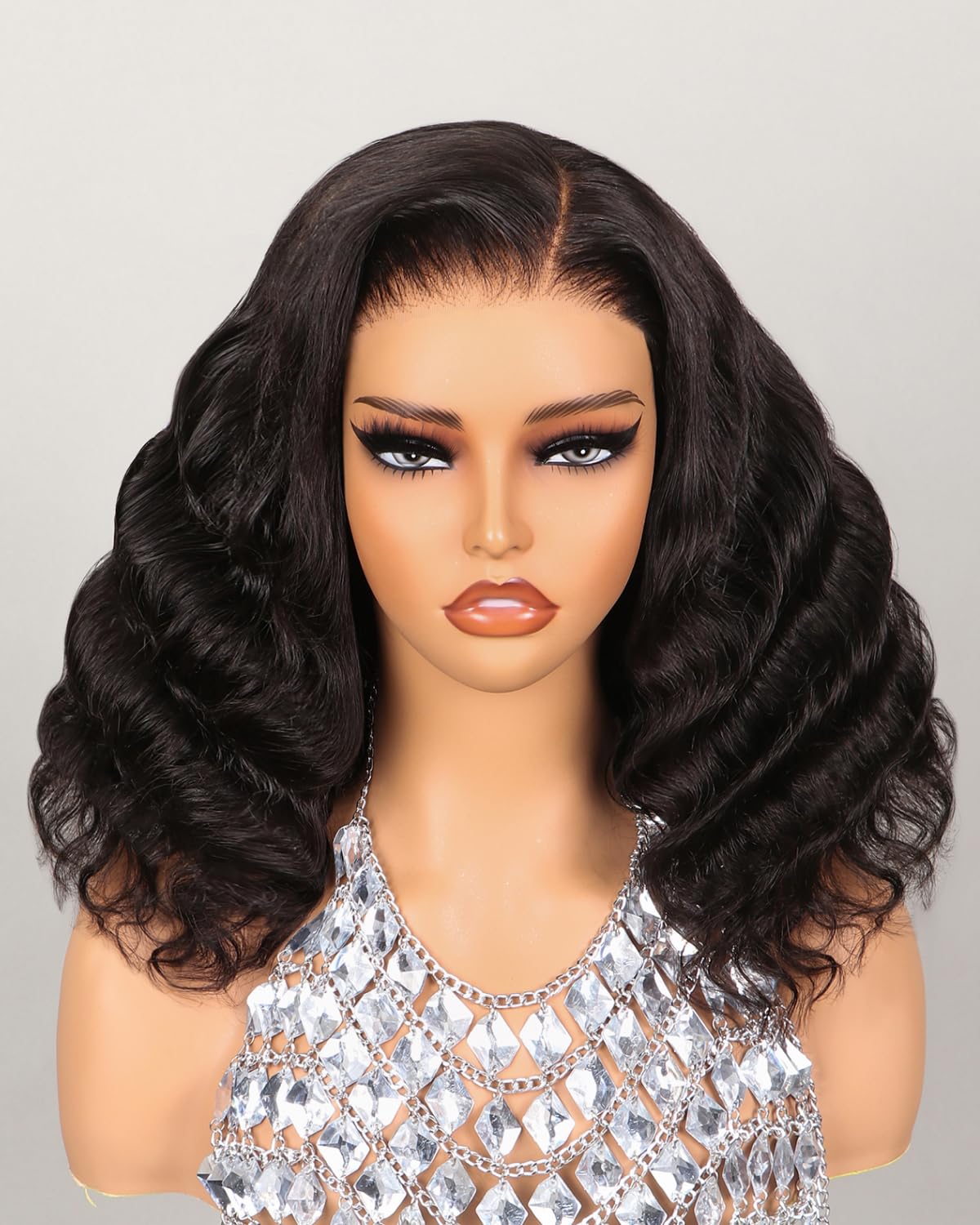 MEGALOOK Ready to Go Glueless Pre Cut 5x6 Lace Front Wig Loose Curly Bob Wig Upgraded Pre Plucked Bleached Invisible Knots Natural Black Color 14 Inch — image 1