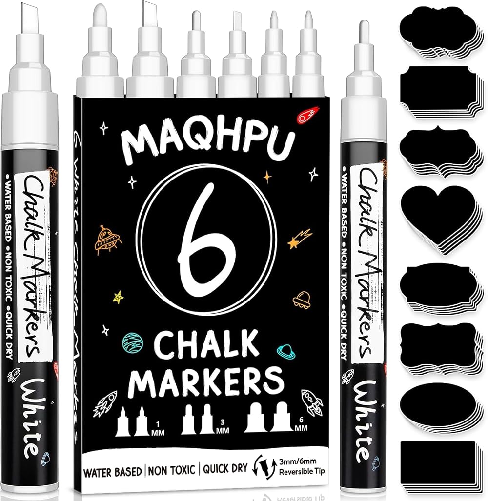 Maqhpu White Chalk Pens for Blackboards 6 Pack with 45 Labels 1/3/6 mm