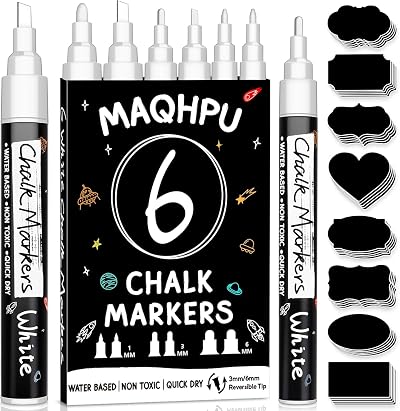 Maqhpu White Chalk Pens for Blackboards 6 Pack with 45 Labels 1/3/6 mm
