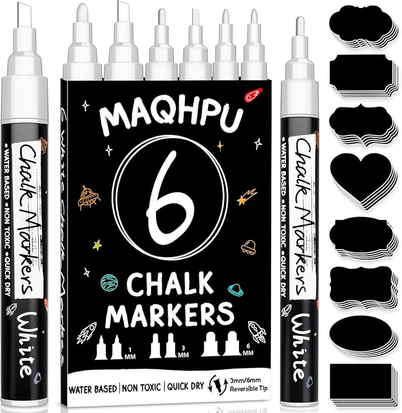 Maqhpu White Chalk Pens for Blackboards 6 Pack with 45 Labels 1/3/6 mm