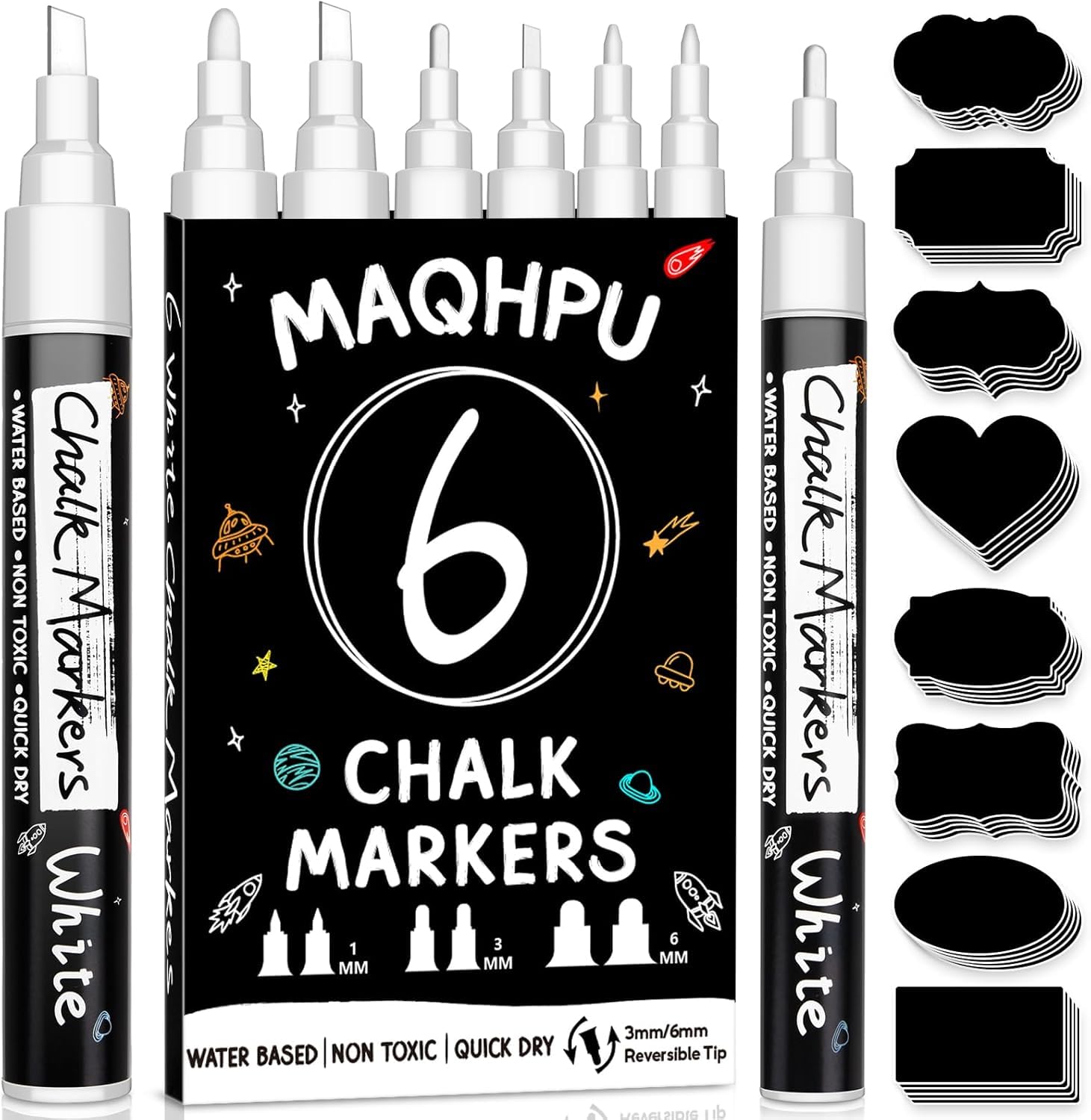 Maqhpu White Chalk Pens for Blackboards, 6 Pack Washable Liquid Chalk Pens and 45 Chalkboard Labels, Wipeable Blackboard Pens, Chalk Markers Pens for Windows and Glass & Spice Jars (1mm, 3mm, 6mm)