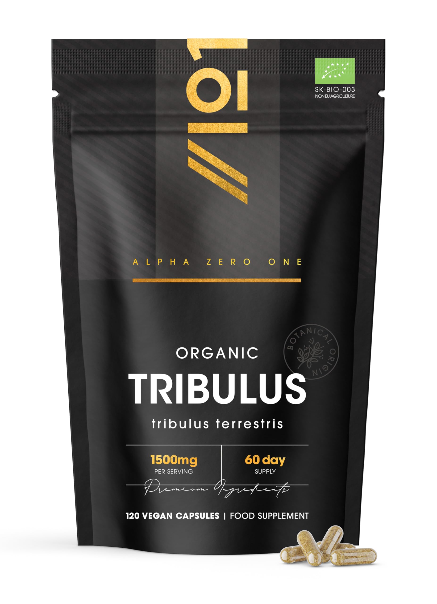 Organic Tribulus Terrestris 1500mg – 120 Vegan Capsules – Resealable and Recyclable Pouch by Alpha01