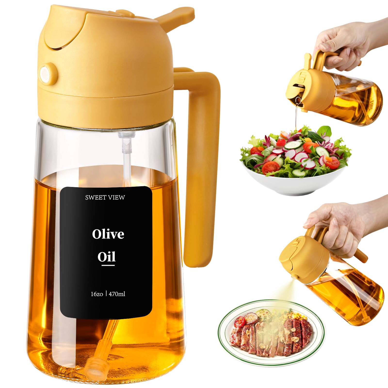 SWEET VIEW Oil Sprayer for Cooking, 470ml 2 In 1 Glass Olive Oil Sprayr & pourer for Kitchen, Air Fryer, Cooking, Salad, BBQ with Stickers (Yellow)