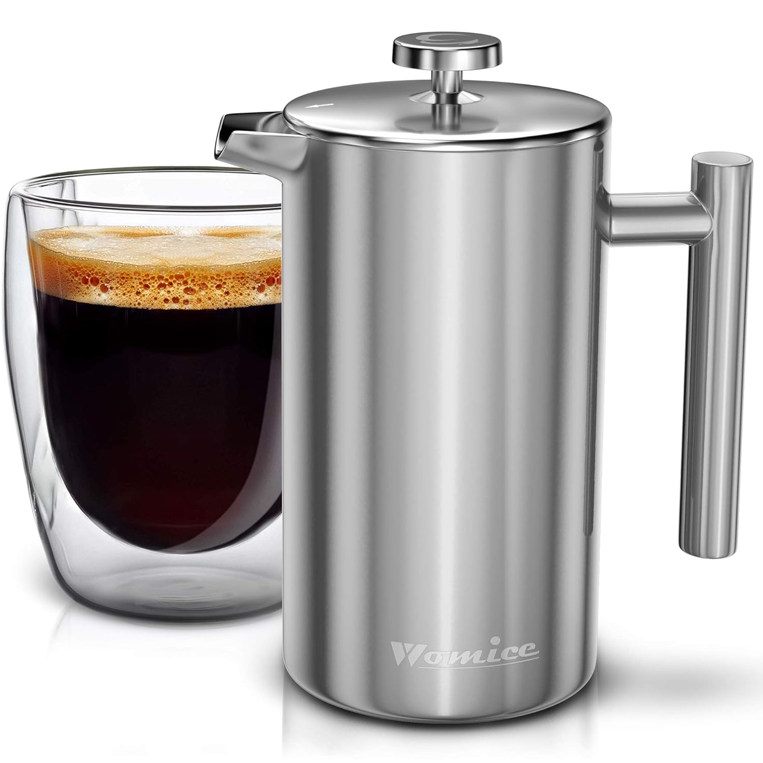 Double-Wall 304 Stainless Steel French Press Coffee Maker - 12 oz, Vacuum Insulated Tea Brewer Pot with 4 Level Filtration System - Extra 2pcs Filters Included - 2 Cup/350ml (Silver)