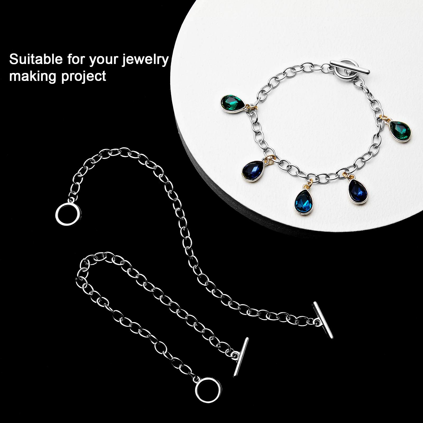 Junkin 20 Pieces Chain Bracelets Stainless Steel Link Bracelet Round Link Chain Bracelets with Ot Toggle Clasp Jewelry Bracelet Making for Women Valentine Present(Silver)