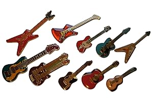10-Piece Electric & Acoustic Guitar Flying V, Stratocaster, Multi Color Lapel Pin or Hat Pin & Tie Tack Set with Clutch Back by Novel Merk
