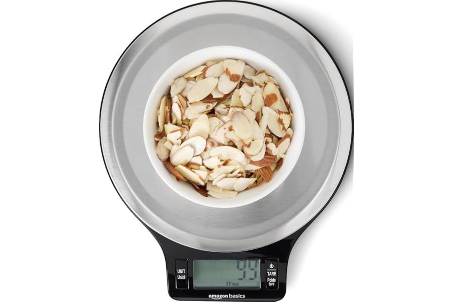 Amazon Basics Digital Kitchen Scale with LCD Display, Tare Function, Multiple Units, Weighs up to 11 Pounds, Batteries Includ Book