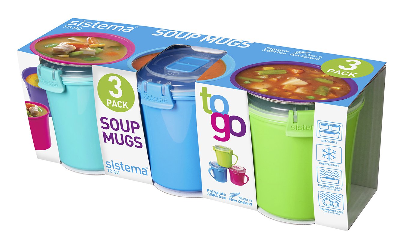 Sistema 21123 13.5 x 11 x 11.5 cm Plastic "Soup Mug To Go" Soup Mugs, Pack of 3, Blue