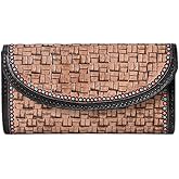 Merbaa Handtooled full grain leather Detail Trifold wallet for Women, Multi Credit Card Slots, Twofold wallet, Wristlet Clutch Wallet valentines day gifts