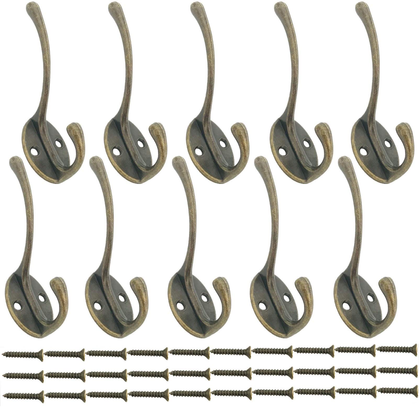 Beilala 10 Pack Double Coat Hooks for Wall Door with Screws Antique Robe Hook for Hanging Clothes, Hat, Scarf, Bag, Towel, Key, Cup, Cap (Bronze)