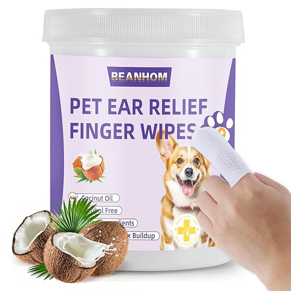DOG EAR WIPES FINGER – EAR FINGER WIPES FOR DOGS & CATS – PET EAR CLEANING FINGER WIPES – SOOTHS & DEODORIZES, PREVENT EAR ITCH & INFLAMMATION – FRESH COCONUT SCENT, ALL NATURAL INGREDIENTS – 60 COUNT