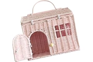 Rool Rattan House Shaped Basket Wicker Small Dollhouse Gift for Girls, Boho Toys, Mouse in a Box House, Little Girl Purse Clutch, Doll Carrier (Pink)