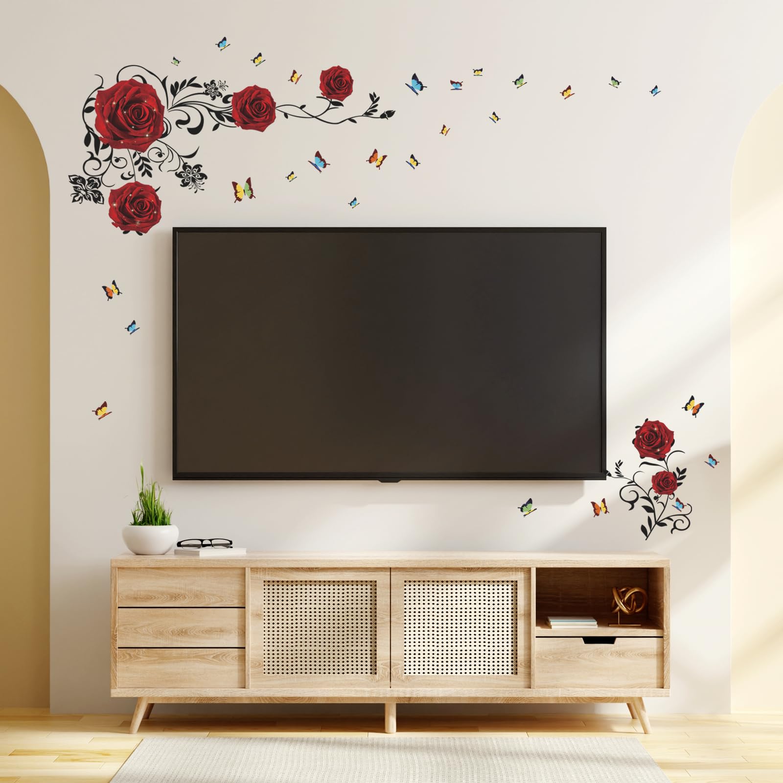 Tanlaby Red Rose Wall Stickers, Rose Flower Vine Red Peony Floral Wall Decals, DIY Vinyl Mural Art Wall Decal for Bedroom Living Room Sofa Backdrop TV Wall Decor