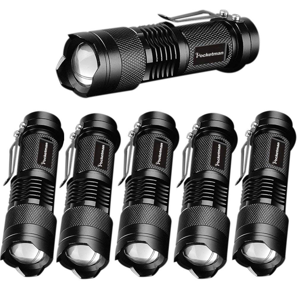 POCKETMAN Pack of 6, 7W 300LM SK-68 3 Modes Mini Q5 LED Flashlight Torch Tactical Lamp Adjustable Focus Zoomable Light(Black)