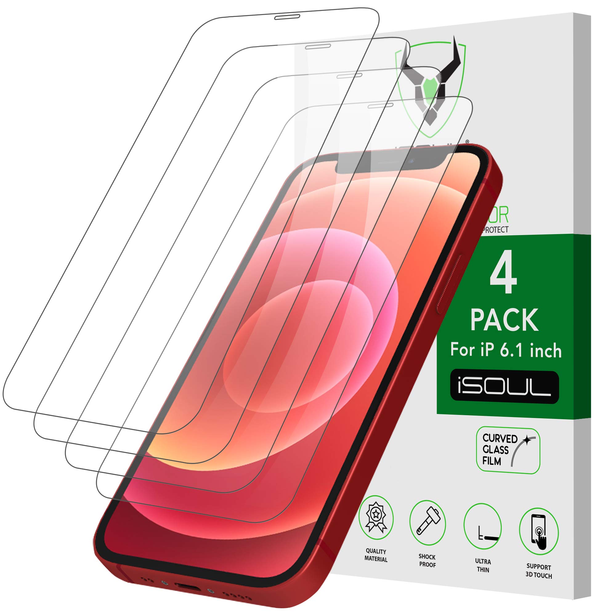 iSOUL 4-Pack Screen Protector for iPhone 12/12 Pro 6.1 Inch, Tempered Glass HD Film [LifetimeSupport, ScratchProof & ShatterProof] [Case Friendly & Ultra HD iPhone 12 Screen Protector]