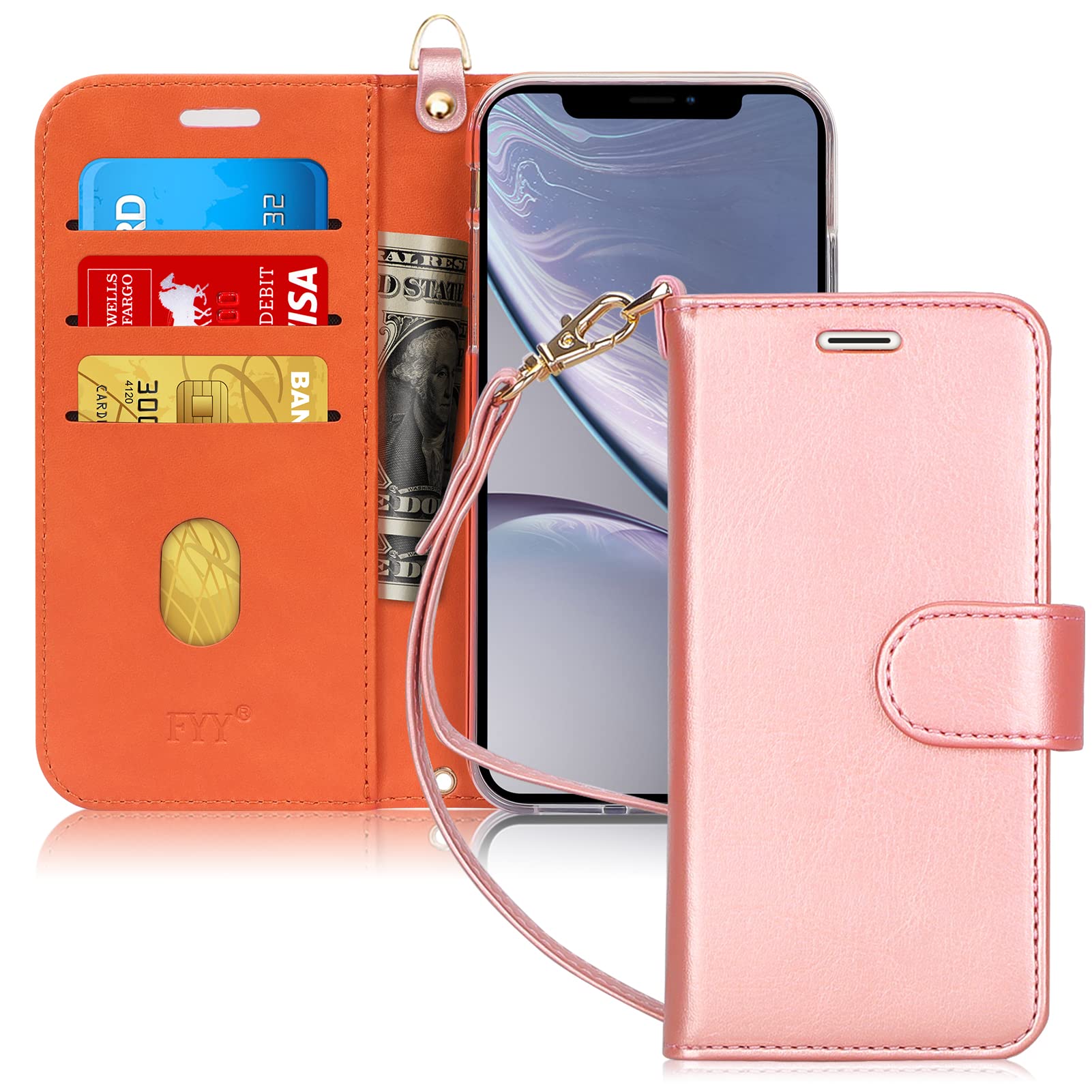 Photo 1 of FYY Designed for iPhone XR Case, Luxury PU Leather Wallet Phone Case with Card Holder Flip Folio Protective Shockproof Cover [Kickstand Feature][Wrist Strap] for iPhone XR 6.1" 2018 Rose Gold