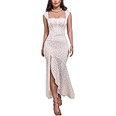 CurvySweet Women's Full Body Lace Built-in Bra Elegant Formal Bodycon Maxi Dress with Square Neck & High-Low Ruffle Hem
