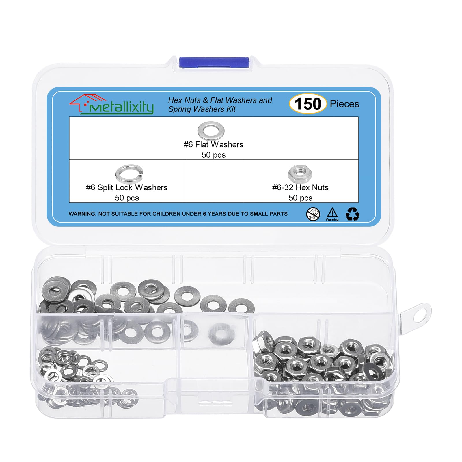 METALLIXITY Hex Nuts Assortment Kit (#6-32 Hex Nuts with #6 Flat Washers & Split Lock Washers) 150Pcs, 304 Stainless Steel Hexagon Nut Hardware Kit