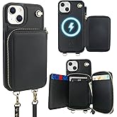 Bocasal for MagSafe Crossbody Wallet Case Compatible with iPhone 14 iPhone 13, RFID Blocking Protective Purse Case with Card Slots Holder Kickstand Wrist Strap Lanyard Zipper 6.1 Inch 5G (Black)